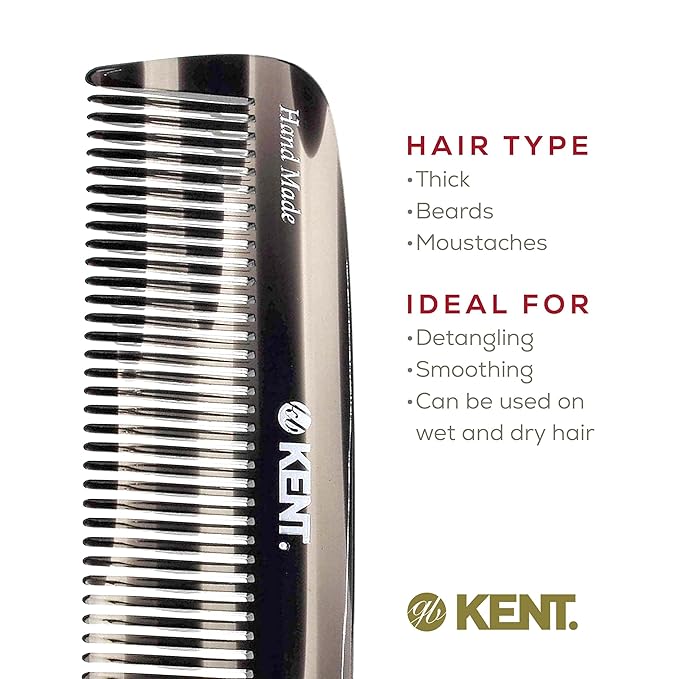 Kent 12T Graphite Wide Tooth Detangling Comb - 5.5" Handmade Pocket Comb for Thick, Curly, and Wavy Hair, Large Tooth Grooming Combs for Hair, Beard, and Mustache - Saw-Cut and Hand Polished
