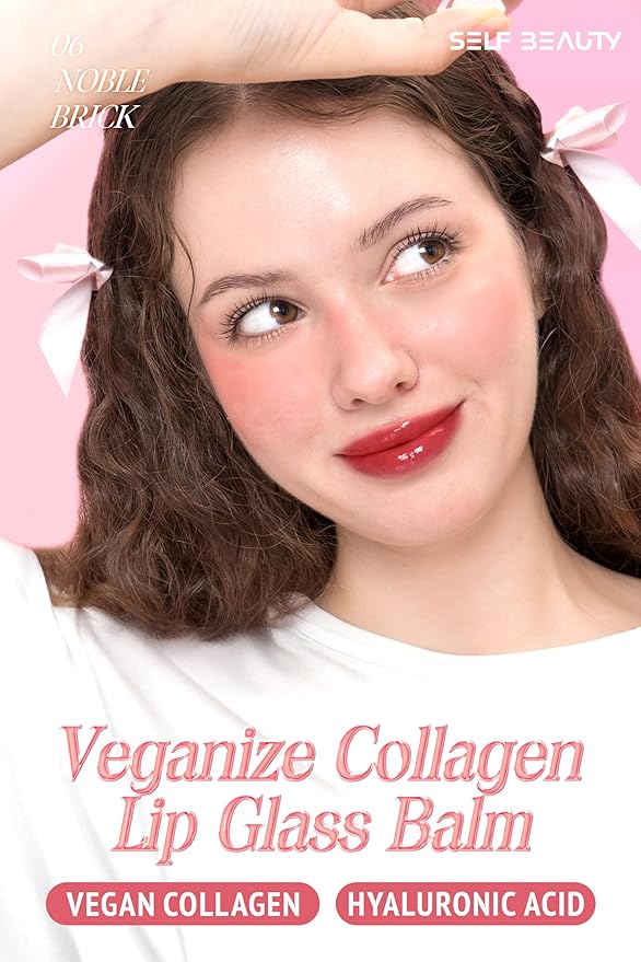 self beauty Veganize Collagen Lip Glass Balm - Hydrating Lip w/Hyaluronic Acid - Vegan Korean Lip Balm Moisturizing Lip Care – Lip Gloss Repair for Dry Cracked Lips 0.06 oz (#6 Noble Brick)