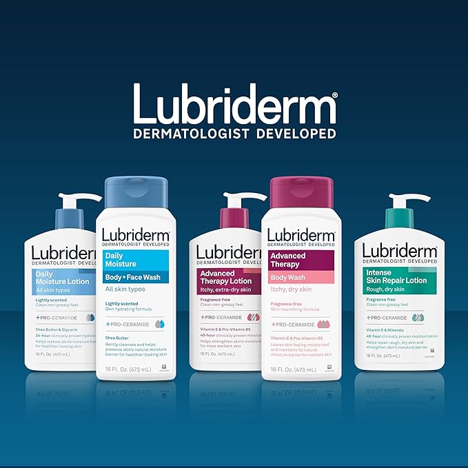 Lubriderm Daily Moisture Body + Face Wash, Hydrating Body Wash + Moisturizing Facial Cleanser with Pro-Ceramide & Shea Butter to Gently Cleanse, Light Fragrance & Hypoallergenic, 16 fl. oz
