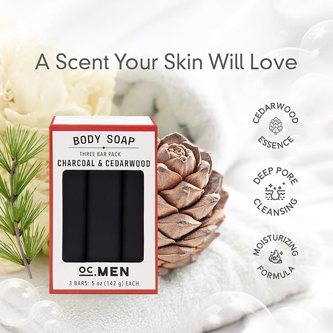 Olivia Care Activated Charcoal Cedarwood Bar Soap 3 Pack Set 100% Natural & Organic – For Face & Body - Deep Clean, Exfoliate, Moisturize & Hydrate - Amazing Masculine Fragrance - 3 X 5 OZ