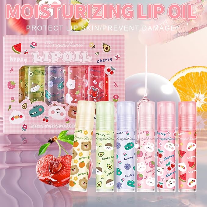 6pcs Fruit Flavored Lip Gloss Set, Roll on Lip Gloss Set Kids Lip Gloss Cute Lip Oil for Girls, Glossy and Shiny Non-Toxic, Kid Friendly, Kids Gift