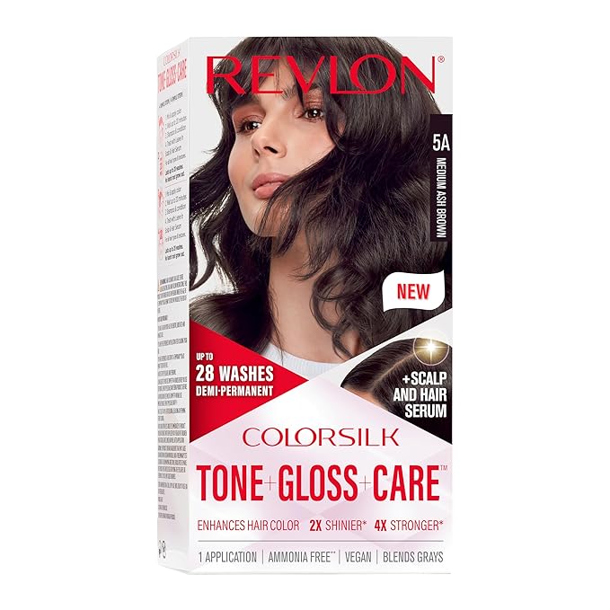 Revlon ColorSilk Tone + Gloss + Care Demi Permanent Hair Color, Dye Kit with Leave-In Scalp and Haircare Serum, 2x Shinier, 4x Stronger, 5A Medium Ash Brown, 4.5 fl oz