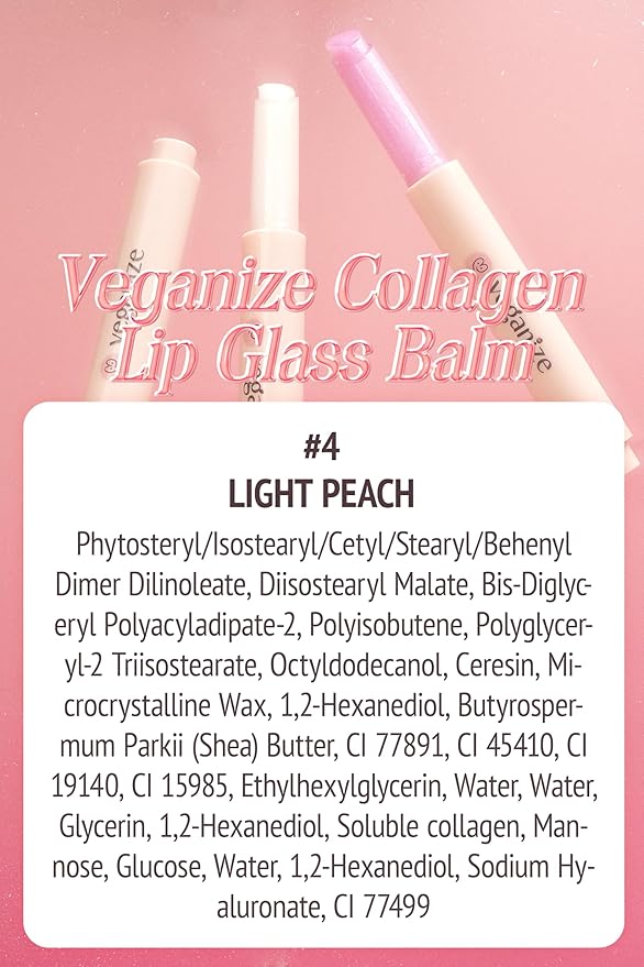 SELF BEAUTY Veganize Collagen Lip Glass Balm | Hydrating Lip Balm in 9 Vibrant Colors | Moisturizing Lip Care Infused with Collagen Jelly Magic | No Animal Trial Lip Balm 0.06 oz (#4 Light Peach)