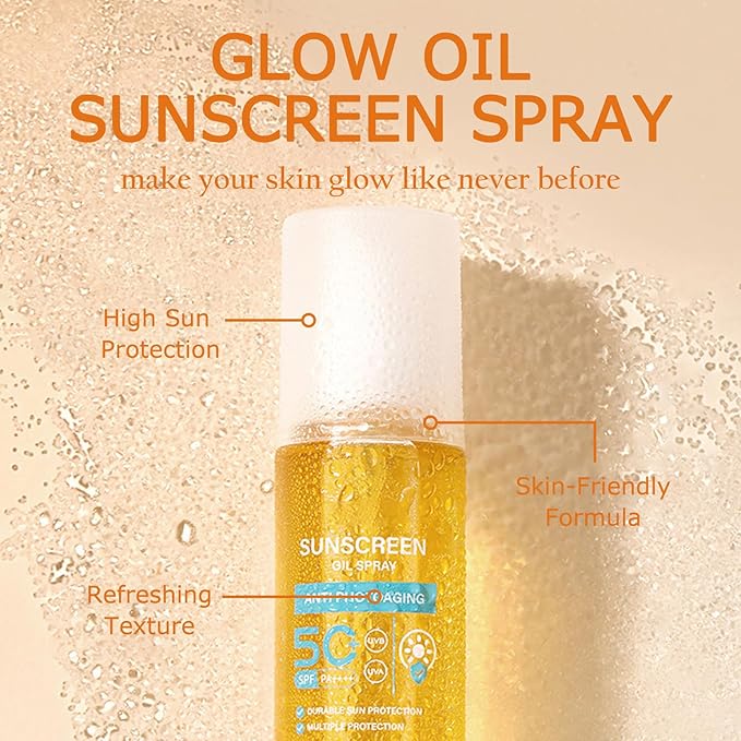KYDA Oil Sunscreen Spray, Glow Oil Sunscreen Mist SPF 50, Lightweight Hydration Body Sunscreen Oil, Refreshing Sunscreen Spray, Broad Spectrum UVA/UVB Protection