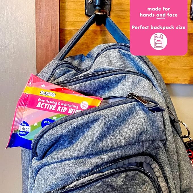 Mr. Bubble Moisturizing Kids Gentle Face and Hand Wipes, Travel Size Biodegradable Deep Cleaning Towelettes Made with Hydrating Aloe Vera and Chamomile (Pack of 12 Pouches, 15 Wipes Each)