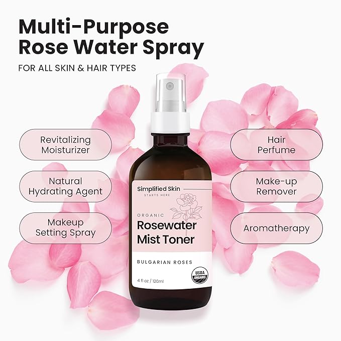 Rose Water Spray for Face & Hair (2-Pack) - Organic USDA Certified Rosewater Facial Toner - Alcohol-Free Makeup Setting Hydrating Face Mist - Anti-Aging Toner Spray
