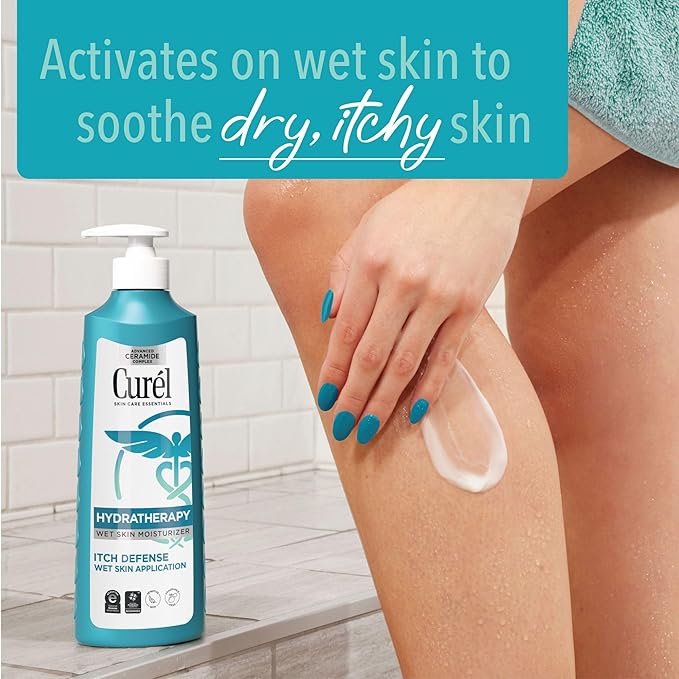 Curel Hydra Therapy, Itch Defense Moisturizer, Wet Skin Lotion, with Advanced Ceramide Complex, Vitamin E, & Oatmeal Extract, Helps to Repair Moisture Barrier, 12 Oz