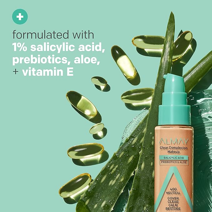 Almay Clear Complexion Acne Foundation Makeup with Salicylic Acid, Medium Coverage, Soft Matte Finish, Hypoallergenic, Cruelty- & Fragrance-Free, Dermatologist Tested, 600 Sun Beige, 1 fl oz