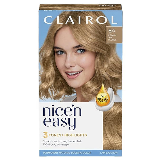 Clairol Nice'n Easy Permanent Hair Dye, 8A Medium Ash Blonde Hair Color, Pack of 1
