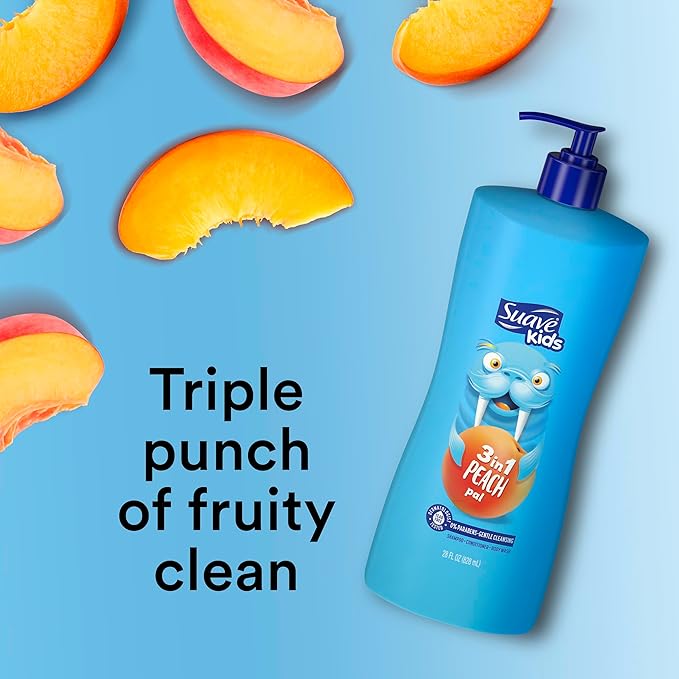 Suave Kids 3-in-1 Tear Free, Body Wash, Shampoo and Conditioners, Dermartologist Tested, Peach Pal, 28 Oz Pack of 4
