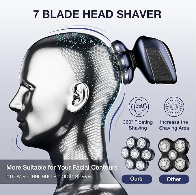 Head Shaver 7D, Wyklaus Head Shavers for Bald Men, Head Electric Razor with Nose Hair Trimmer, Waterproof Wet Dry Mens Grooming Kit