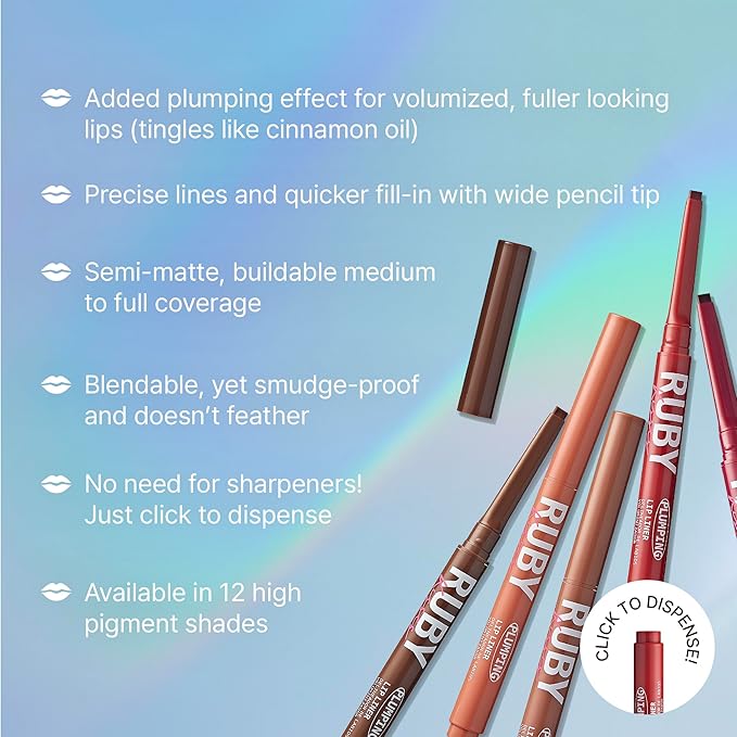 Ruby Kisses Plumping Effect Lip Liner, Semi Matte, Smudge Proof, High Pigment, Medium to Full Coverage Makeup, Precise Tip, Bold Color Lip Plumper