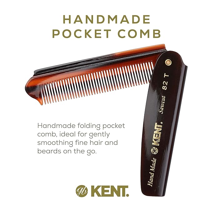 Kent 82T 4" Handmade Folding Pocket Comb for Men, Fine Tooth Hair Comb Straightener for Everyday Grooming Styling Hair, Beard or Mustache, Use Dry or with Balms, Saw Cut Hand Polished, Made in England