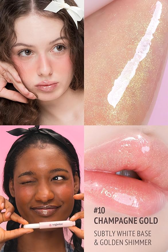 self beauty Veganize Collagen Lip Glass Balm - Hydrating Lip w/Hyaluronic Acid - Vegan Korean Lip Balm Moisturizing Lip Care – Lip Gloss Repair for Dry Cracked Lips 0.06 oz (#10 Champagne Gold)