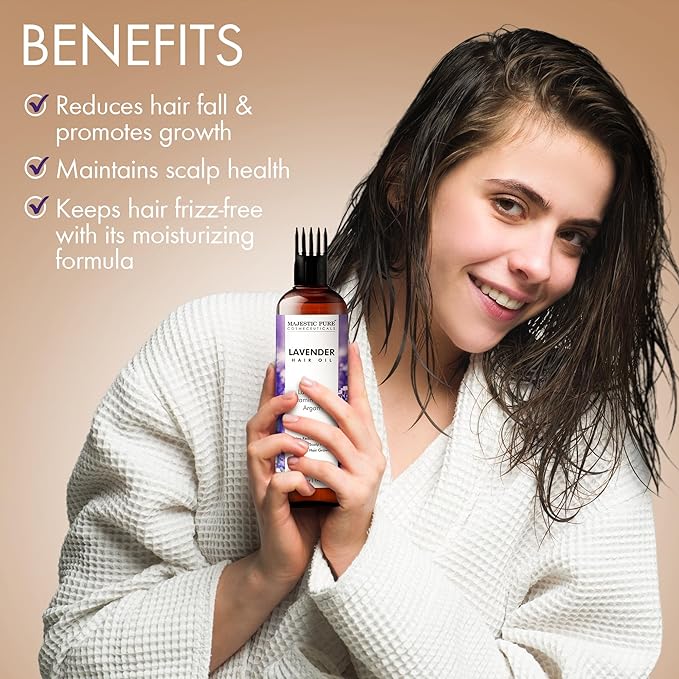 Majestic Pure 100% Pure Lavender Oil with Vitamin E for Hair Care, Strengthening, Nourishing, and Volumizing Formula with Vitamin E & Argan Oil - Non GMO Verified, 6.7 Fl Oz
