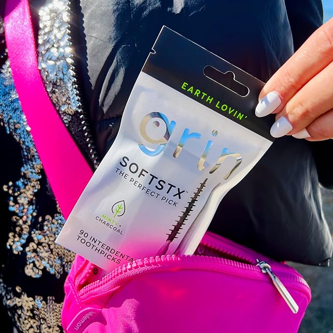 Grin Charcoal Infused Softstx, Gentle Dental Picks, 90 Count, Soft Flexible Bristles, Textured Plaque Removing Toothpick, Minty Flavor, for Between Teeth, Refillable Hygienic Case