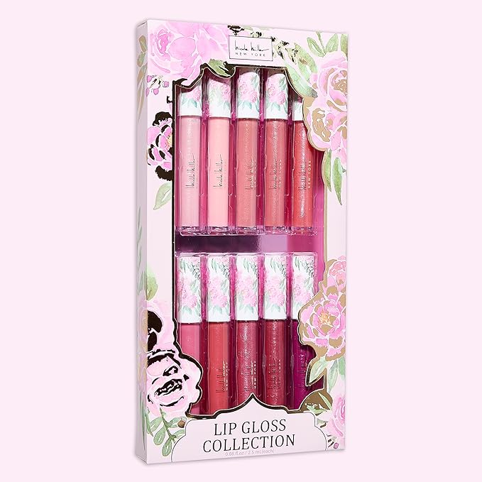 Nicole Miller Lip Gloss Collection Shimmery Glosses for Women and Girls Long Lasting Color Set with Rich Varied Colors, Flowery Pink, 10 Count (Pack of 1)