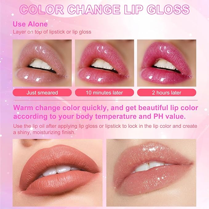 Magic Color Changing Lip Oil, Temperature Color Change Lip Gloss, Moisturizing Lip Tint Oil, Non Sticky, Long Lasting, Transparent Lip Makeup for Women and Girlls (Pearly Pink)