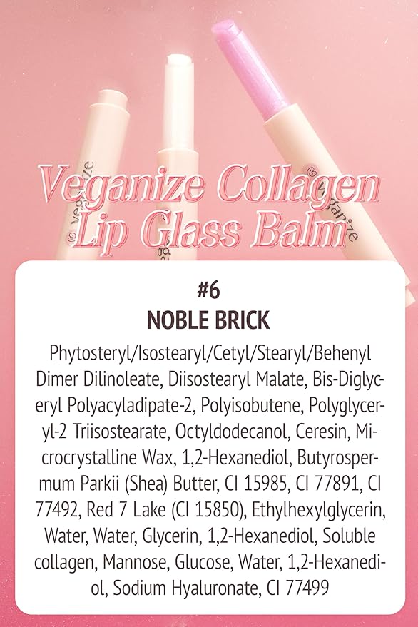 self beauty Veganize Collagen Lip Glass Balm - Hydrating Lip w/Hyaluronic Acid - Vegan Korean Lip Balm Moisturizing Lip Care – Lip Gloss Repair for Dry Cracked Lips 0.06 oz (#6 Noble Brick)