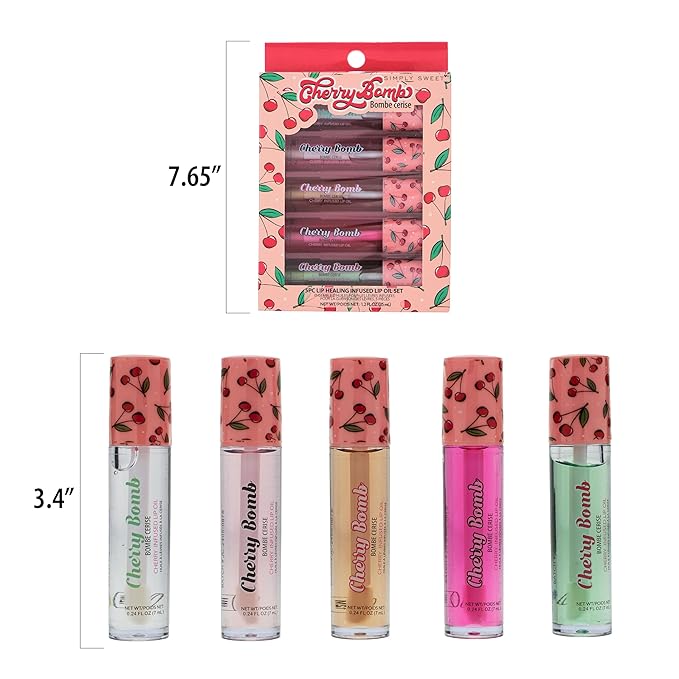 5pc Lip Oil Set - Cherry Bomb Lip Oils, Lip Healing Cherry Infused Lip Oil Collection with Precision Applicator Wand Everyday Lip Care and Lip Repair (CHERRY BOMB)