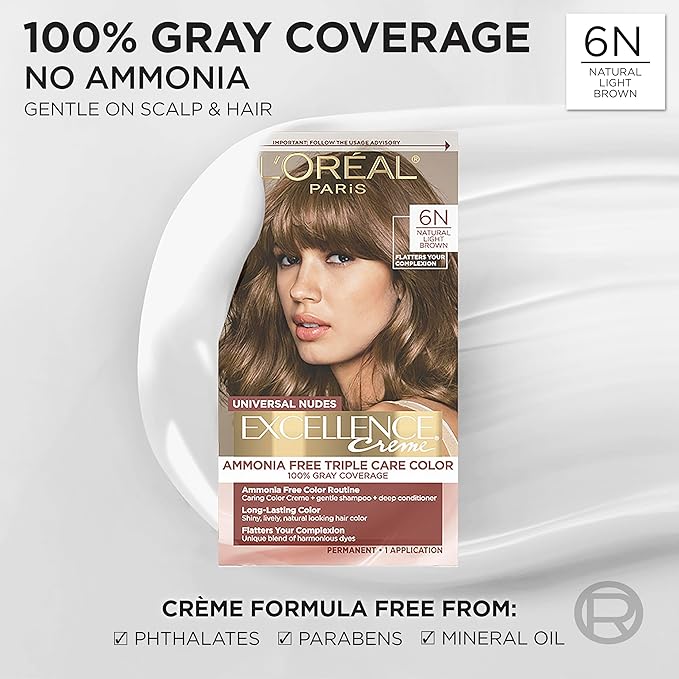 L’Oreal Paris Excellence Universal Nudes Permanent Hair Color, Ammonia Free Hair Dye for Gray Hair Coverage, 6N Natural Light Brown, 1 Hair Dye Kit