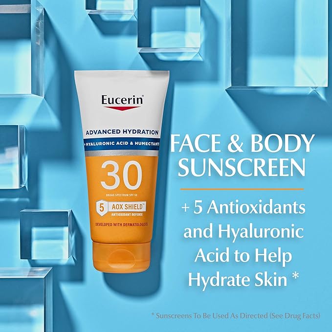 Eucerin Sun Advanced Hydration SPF 30 Sunscreen Lotion, Lightweight Sunscreen with Hyaluronic Acid, Hypoallergenic, Fragrance Free, 5 Fl Oz Tube