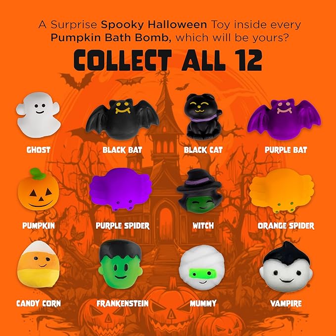 Halloween Bath Bomb for Kids with Surprise Toys Inside (6 Pack) - Large Pumpkin Spooky Bombs for Boys & Girls – Made in USA, Boo Basket Stuffers for Teens by Two Sisters