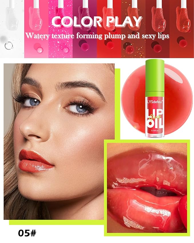Lip Oil Lip Glaze-1Pcs Hydrating Red Lip Glow Oil,Shiny Transparent Tint Lip Gloss Plumping,Long Lasting Non-sticky Clear Glow Reviver Lip Care Oil, Women's Day Makeup Gift for Women Girl-05#