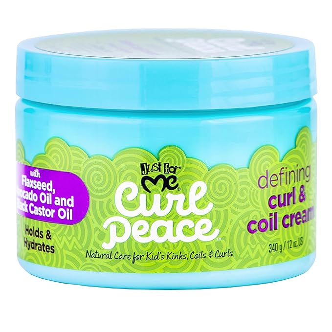 Just For Me Curl Peace Defining Curl & Coil Cream - Holds & Hydrates, Contains Flaxseed, Avocado Oil & Black Castor Oil, No Animal Testing, 12 oz
