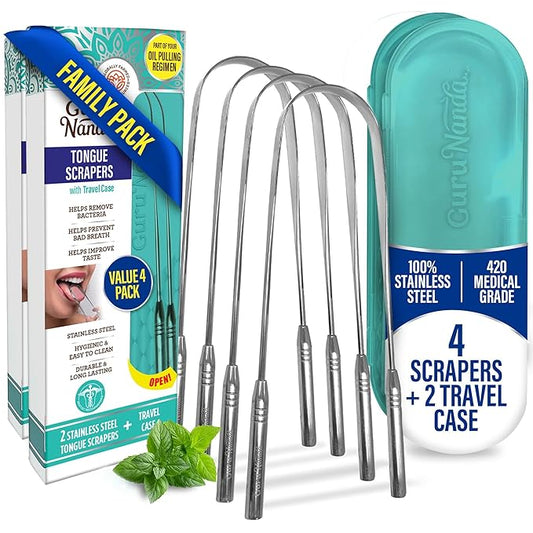 GuruNanda Tongue Scraper for Adults (4-Pack) with Travel Case, 420 Medical Grade Stainless Steel, Aids in Fresh Breath & Oral Care - Travel-Friendly