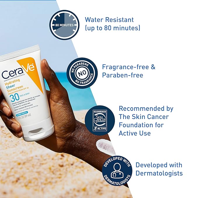 CeraVe Hydrating Sheer Sunscreen SPF 30 for Face and Body | Mineral & Chemical Sunscreen with Zinc Oxide, Hyaluronic Acid, Niacinamides and Ceramides| Paraben Free Fragrance Free | 3 Ounces