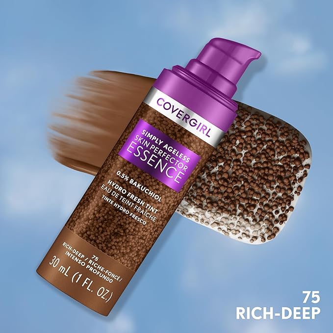 Covergirl Simply Ageless Skin Perfector Essence Foundation, 75 Rich-Deep, Tinted Skincare Makeup Hybrid, Sheer Tint, Radiant Finish, Glowy Finish, Vegan Formula, 1.0oz