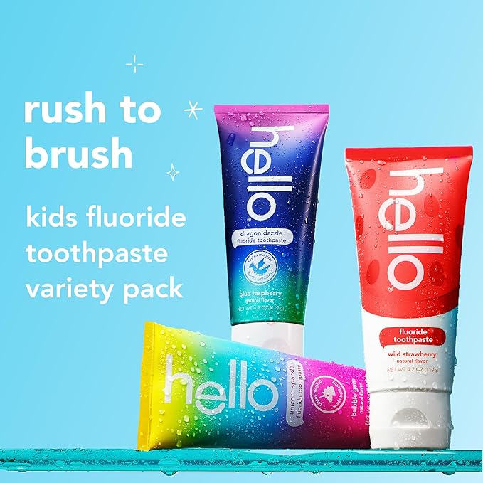 hello Kids Fluoride Toothpaste Variety Pack, Includes Strawberry, Unicorn Bubble Gum, and Blue Raspberry Toothpastes, Safe for Ages 2 and Up, 3 Pack, 4.2 Oz Each