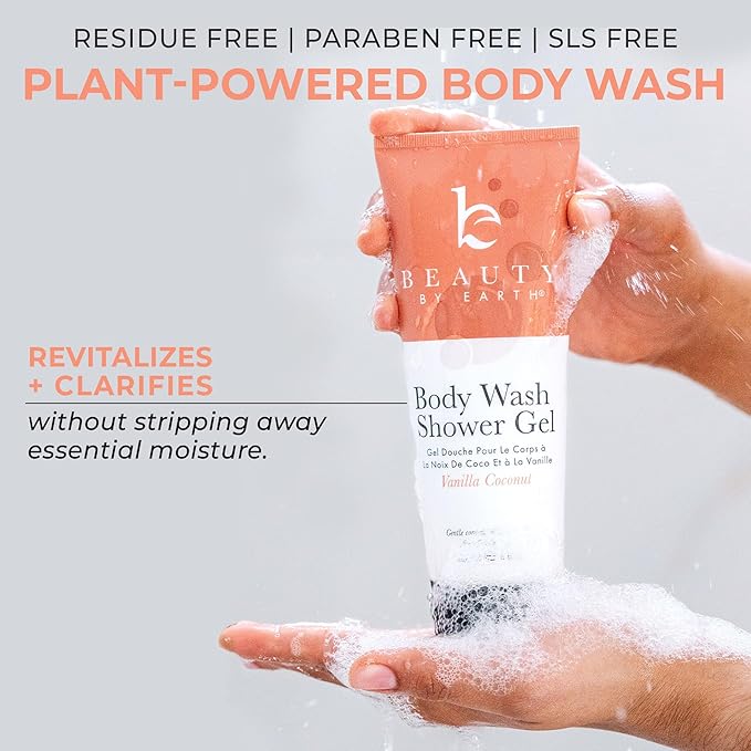 Vanilla Coconut Shower Gel Body Wash - USA Made with Organic & Natural Ingredients, Moisturizing Cleansing Gel for Women, Gentle & Non Toxic Daily Wash for Sensitive Skin, Clean Body Soap Liquid