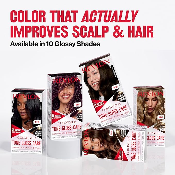 Revlon ColorSilk Tone + Gloss + Care Demi Permanent Hair Color, Dye Kit with Leave-In Scalp and Haircare Serum, 2x Shinier, 4x Stronger, 4 Dark Brown, 4.5 fl oz