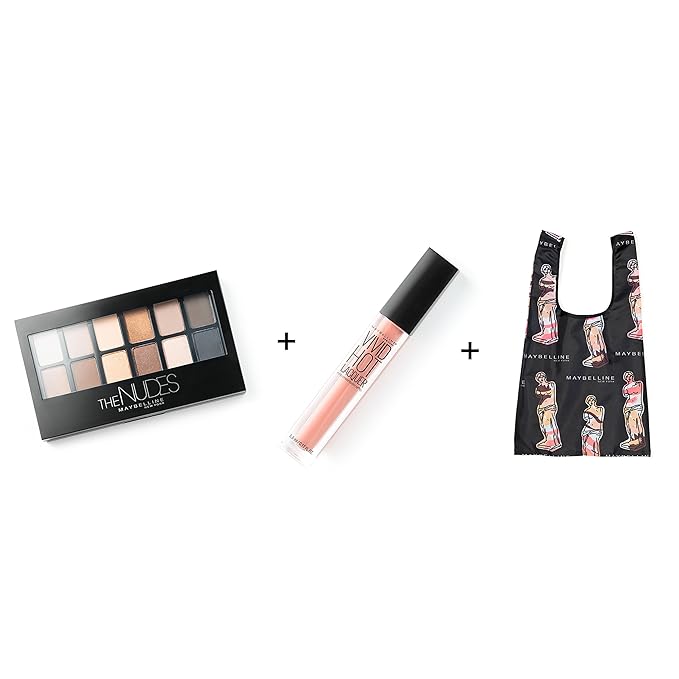 Maybelline New York Limited-Edition Fundles Send Nudes w/Eyeshadow Palette, Color Sensational Vivid Hot Lacquer Lip Gloss and Easy-Carry Nude Tote-Bag (Pack of 2)