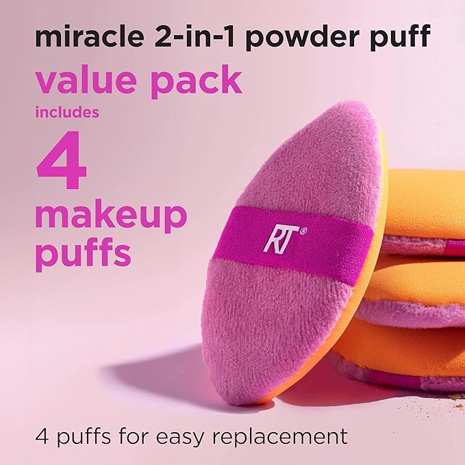 Real Techniques Miracle 2-In-1 Powder Puff 4 Pack, Dual-Sided, Full Size Makeup Blending Puff, Reversible Elastic Band, Makeup Sponge & Powder Puff, For Liquid, Cream & Powder Products, Cruelty-Free
