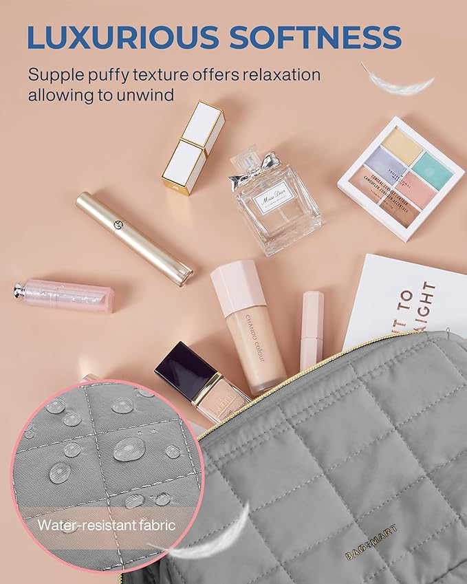 BAGSMART Makeup Bag Travel Toiletry Bag, Puffy Padded Make Up Bags for Women Makeup Organizer Case, Wide-open Pouch Purse Travel Essentials Toiletries Accessories Brushes, Gray