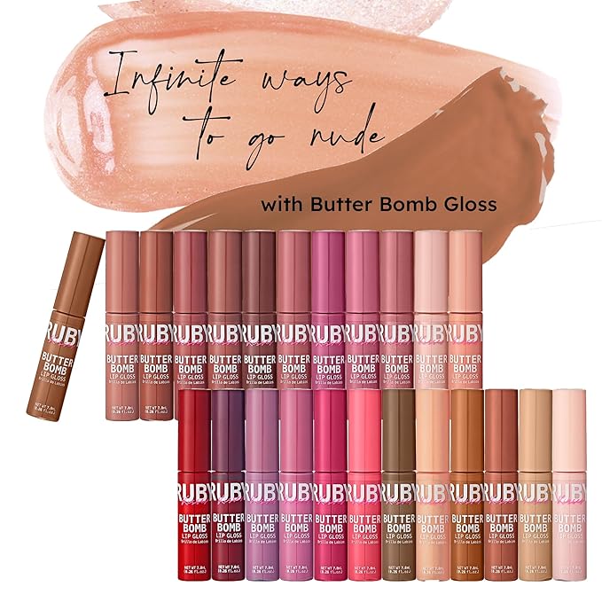 Ruby Kisses Lip Gloss Butter Bomb Gloss Non-Sticky Lip Gloss Vitamin E Natural Nude Lip Makeup - 7.8mL (0.26 US fl.oz) (Naked)