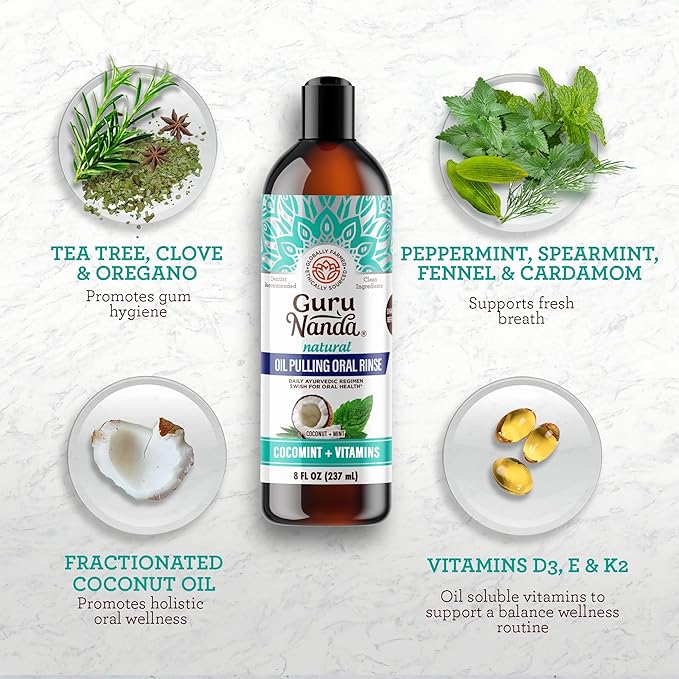 GuruNanda CocoMint Oil Pulling Mouthwash for Complete Oral Hygiene, 7 Essential Oils & Vitamins for Happy Teeth & Gums & Fresh Breath , Alcohol-Free, 8 oz