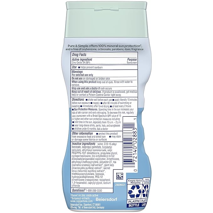 Coppertone Pure and Simple Zinc Oxide Mineral Sunscreen Lotion SPF 50, Body Sunscreen, Water Resistant, Broad Spectrum SPF 50 Sunscreen for Sensitive Skin, 6 Fl Oz Bottle