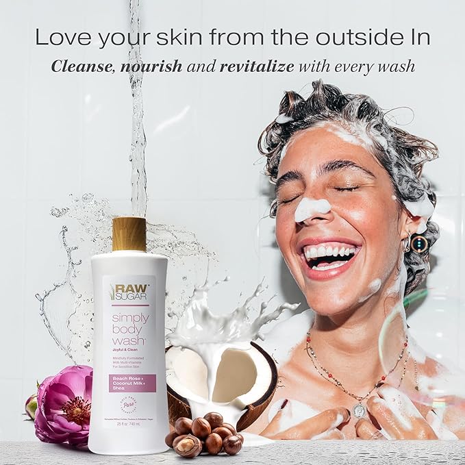 RAW SUGAR Simply Body Wash, Beach Rose + Coconut Milk + Shea (25 Fl Oz, Pack of 1) Sensitive Skin Bath Soap, Formulated without Sulfates & Parabens