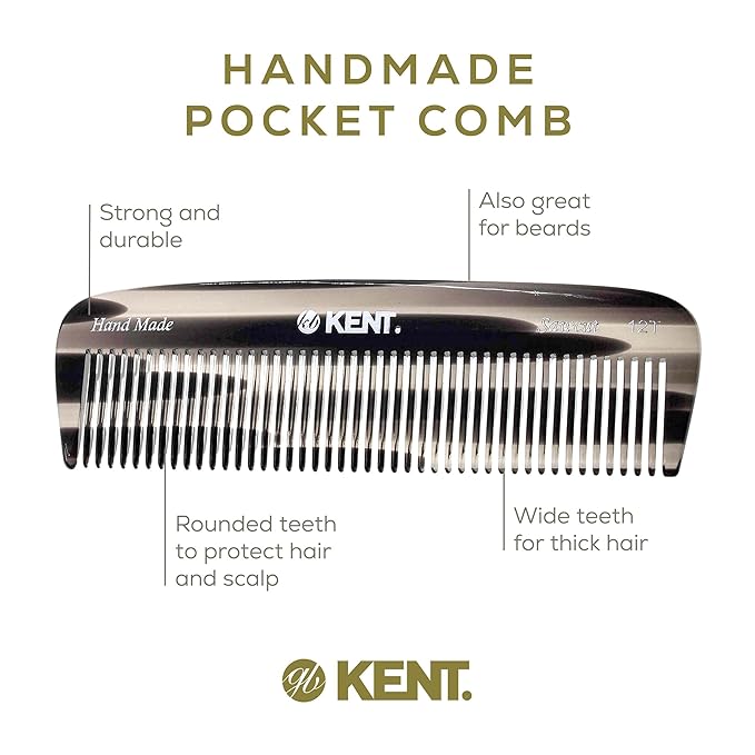 Kent 12T G Wide Tooth Detangling Comb - Handmade Pocket Comb for Thick, Curly, Wavy Hair - Large Tooth Hair and Beard Grooming Comb - Saw-Cut and Hand Polished