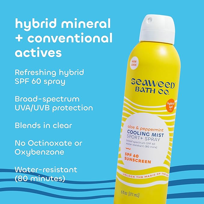 Seaweed Bath Co. Cooling Mist SPF 60 Sport Broad Spectrum Hybrid Sunscreen Spray, 6 Ounce, Sustainably Harvested Seaweed, Aloe, Peppermint