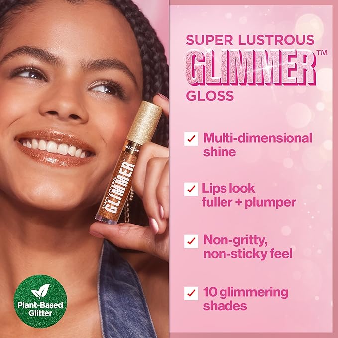 REVLON Super Lustrous Glimmer Gloss, Non-Sticky Lip Gloss, High-Shine Finish, Plant-Based Glitter, 008 Rose Glow, 0.13 fl oz