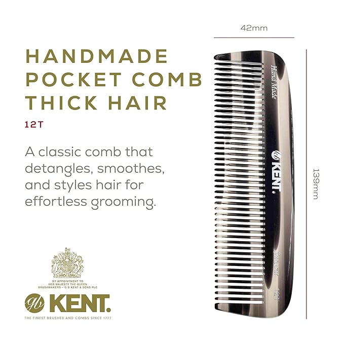 Kent 12T G Wide Tooth Detangling and Grooming Comb - Handmade Pocket Comb for Thick, Curly, Wavy Hair - Large Tooth Hair Detangler for Beard and Mustache - Saw-Cut and Hand Polished