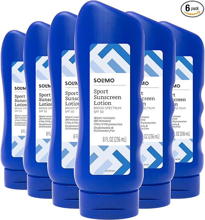 Amazon Brand - Solimo Sport Sunscreen Lotion, SPF 50, Formulated without Octinoxate & Oxybenzone, Broad Spectrum UVA/UVB Protection, Unscented, 8 fl oz (Pack of 6)