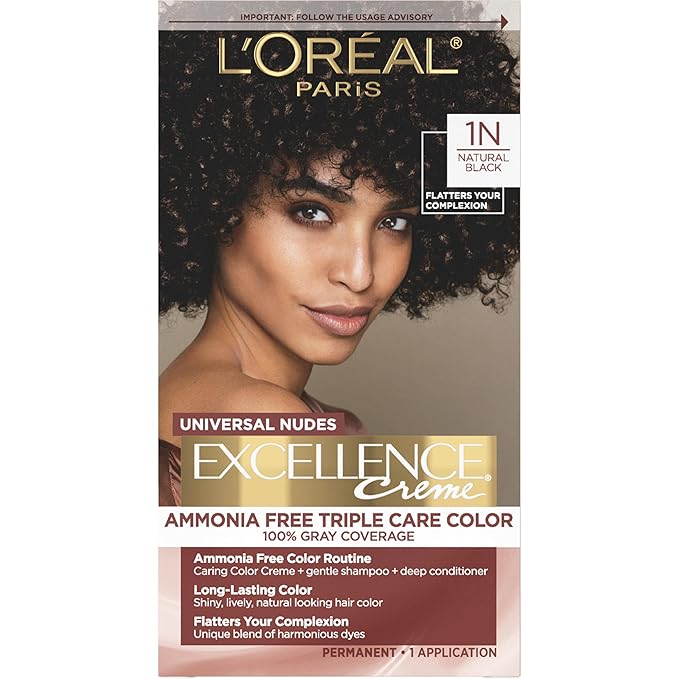 L’Oreal Paris Excellence Universal Nudes Permanent Hair Color, Ammonia Free Hair Dye for Gray Hair Coverage, 1N Natural Black, 1 Hair Dye Kit