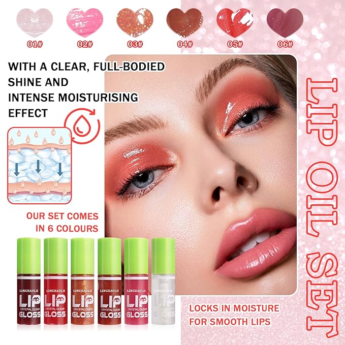 6 Colors Lip Oil Set,Big Brush Head Lip Glow Oil,Moisturizing Shiny Lip Plumping Lip Gloss Oil,Non-sticky Long Lasting Hydrating Tinted Lip Oil for Women