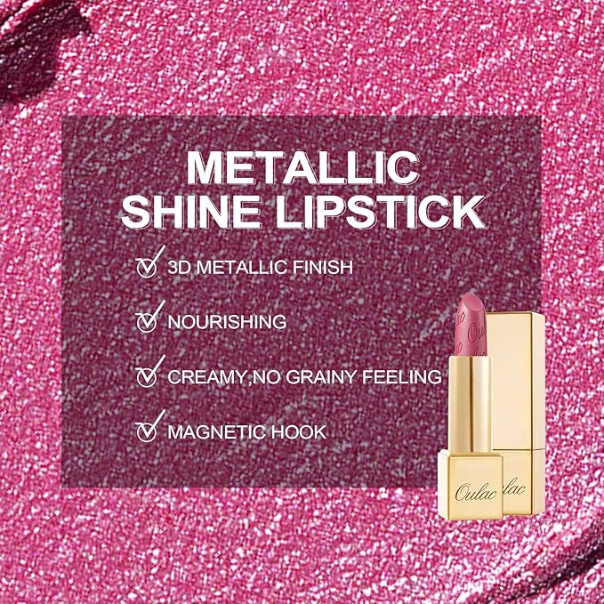 Oulac Pink Lipstick for Women with Metallic 3D Shine Lightweight Hydrating Formula, High Impact Lip Color, Vegan Beauty, Full Coverage Lip Makeup, Christmas Gifts for Women, Hip & Hippie(11)